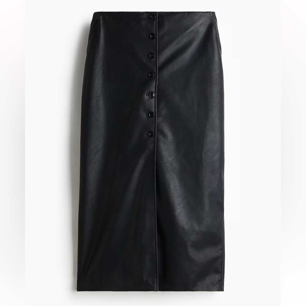 Black Faux Leather Button-Up Mid Skirt